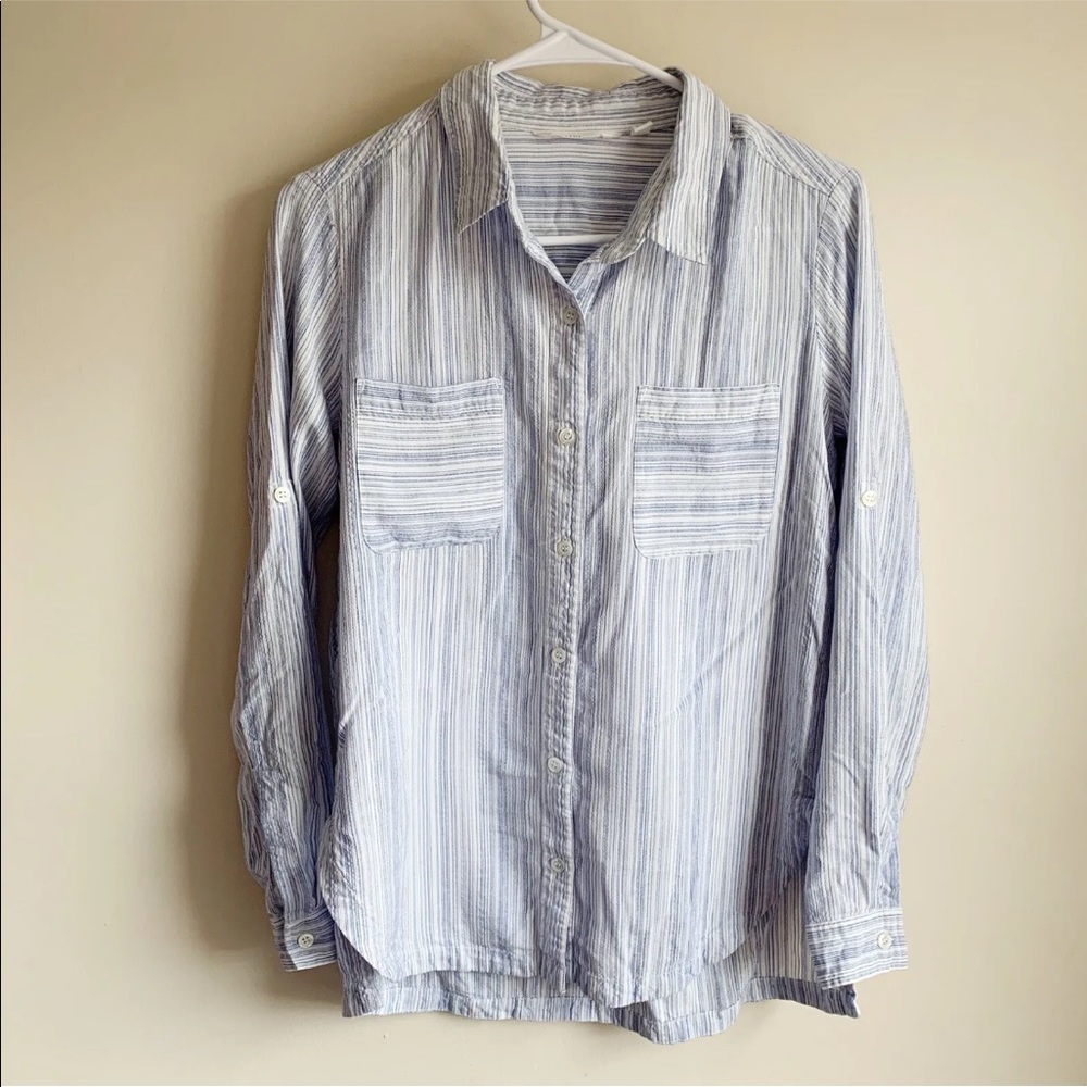 Athleta Peninsula Blue Striped Tab Long Sleeve Button Up Top Size Small